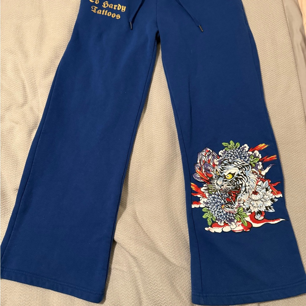 Ed Hardy Royal Blue Sweatpants with Tiger Floral Patch